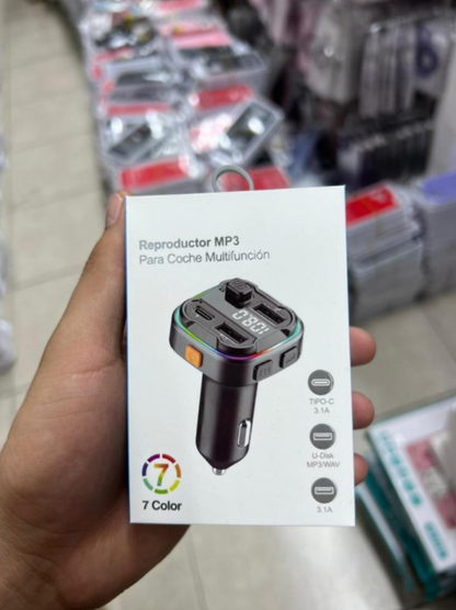Transmisor Bluetooth 5.3 para Auto con FM, Luces RGB y Carga USB